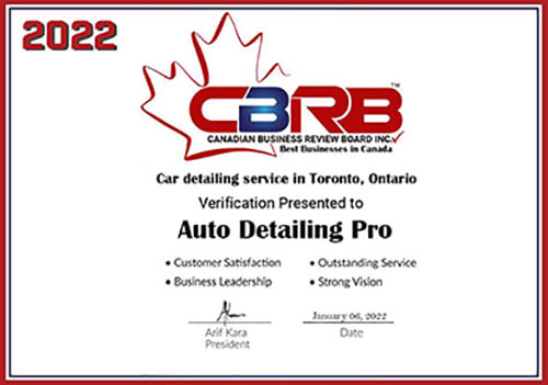customer certificate CBRB Car Detailing Servoce om Toronto Ontario
